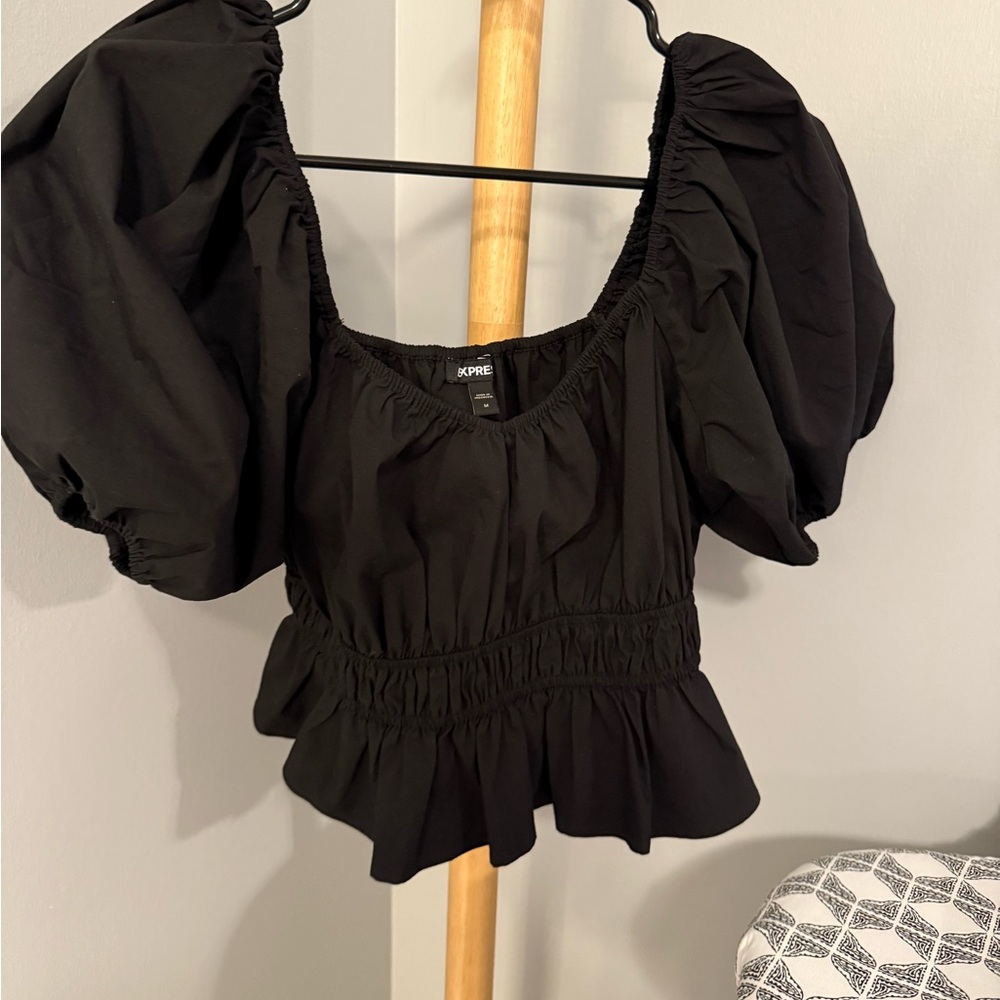 Express Black Puff Sleeve Peplum Crop Top
